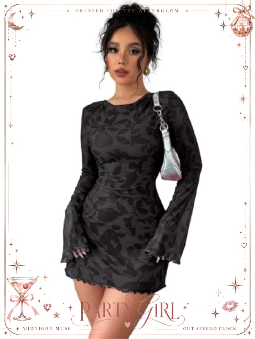 WDIRARA Women's Floral Print Mesh Bodycon Mini Dress Bell Sleeve Backless Y2K